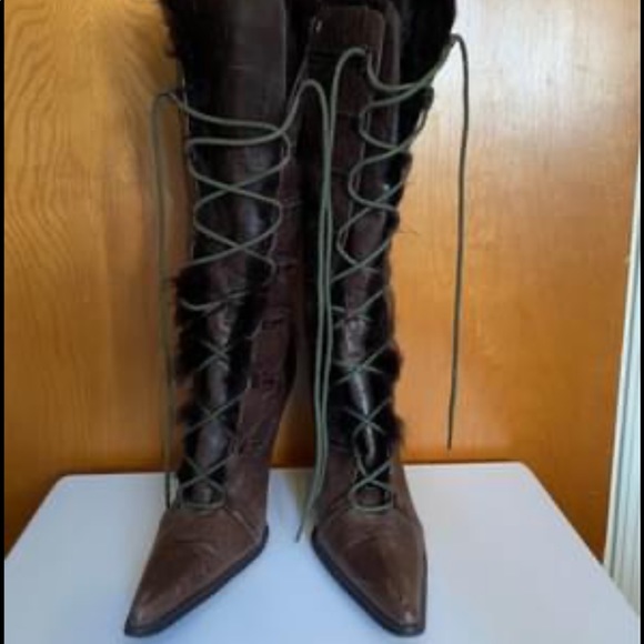Shoes - Brown Viking style lace up boots. 3” heel. Can be worn laced up or folded down